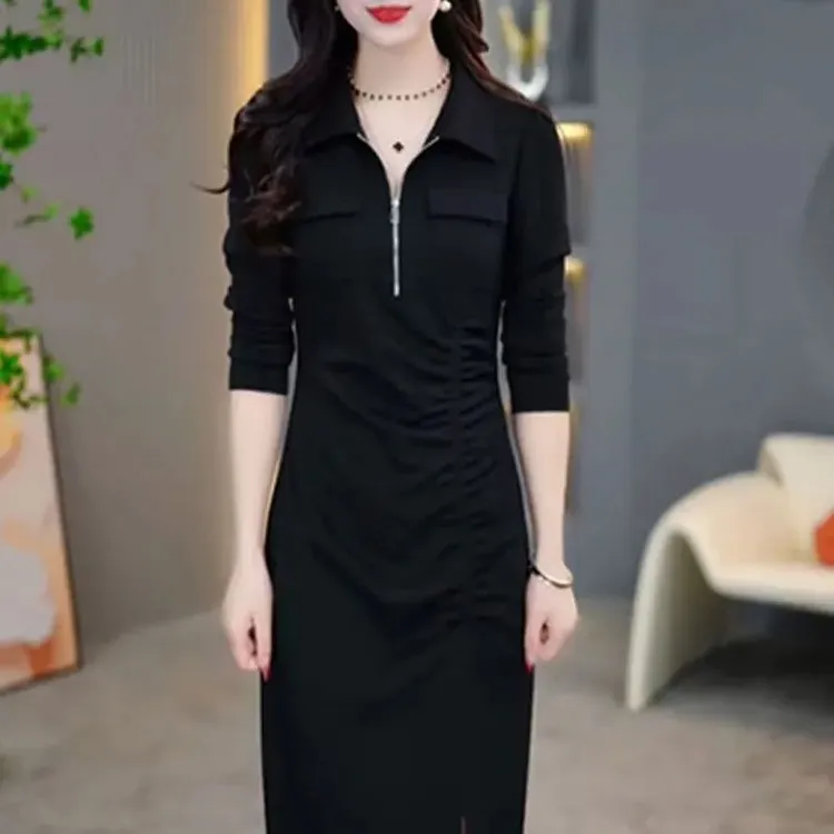 时尚洋气开叉长袖连衣裙2025秋季新款收腰显瘦遮肉褶皱中长款裙子