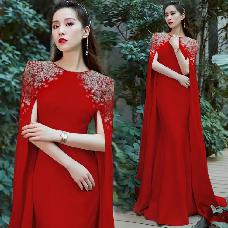 刘诗诗宴会晚礼服新款重工订婚宴同款气质简约披肩国风主持人礼服