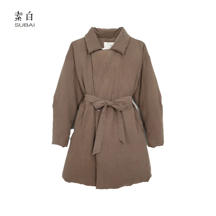 素白冬季简约【云柔】R02078纯色中长款系带收腰气质保暖羽绒服