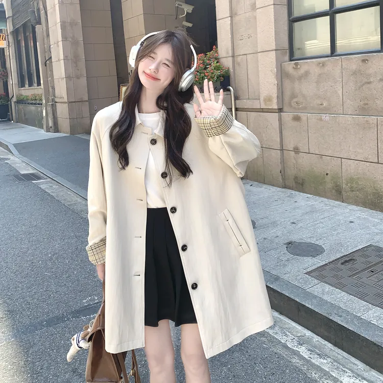 韩系宽松白色格纹拼接风衣外套女2025新款秋季文艺减龄小个子大衣