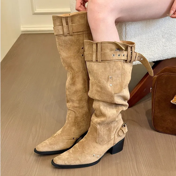 YN-6089-1肯豆辣妹！绒面方头大筒围堆堆靴女秋冬皮带扣粗跟长靴