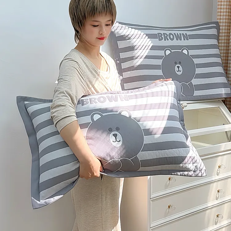 高密纯棉纱布按扣枕套一对加厚成人枕头套枕芯套四季通用学生条纹