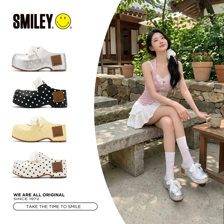 SMILEY笑脸厚底增高拖鞋波点复古镂半拖空蕾丝绑带玛丽珍穆勒女鞋