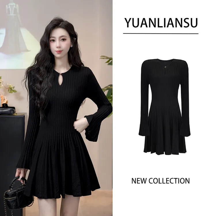 YUANLIANSU/圆脸酥【云川盛意】法式气质黑色修身显瘦长袖连衣裙女