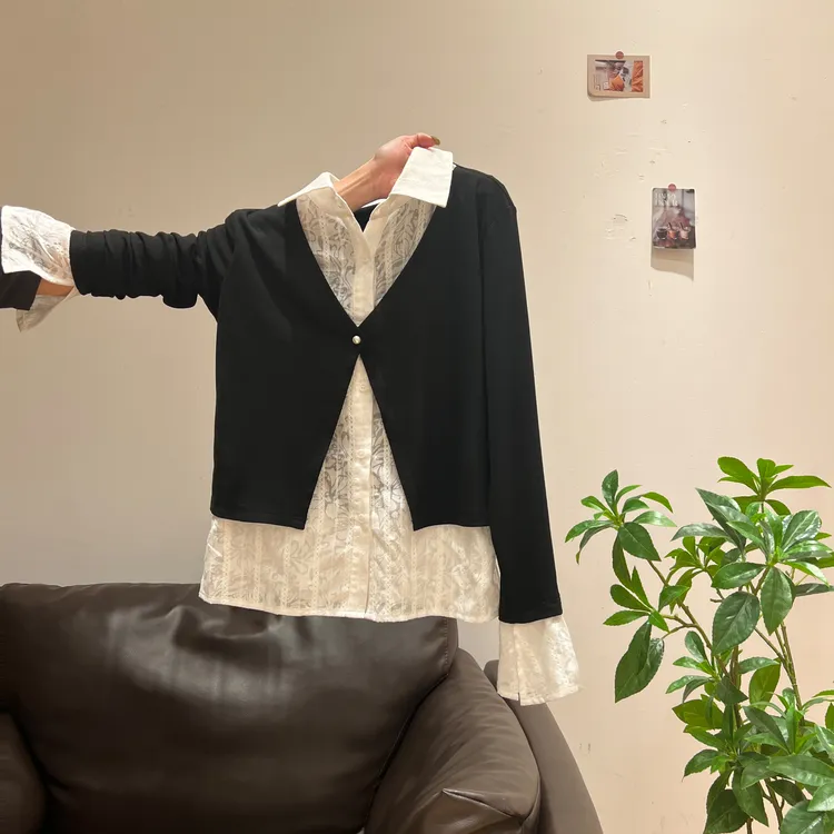 慵懒风假两件蕾丝拼接长袖T恤女2025春秋修身内搭小众设计感上衣