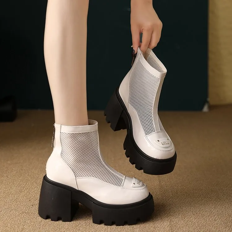 白色马丁靴女新款高跟厚底短筒网靴凉靴英伦风单靴百搭季小短靴