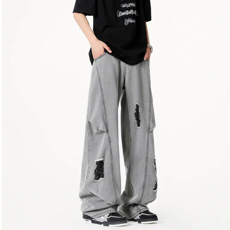 LIGGICC 春秋季原创设计款水洗破洞牛仔裤男美式高街休闲弯刀长裤