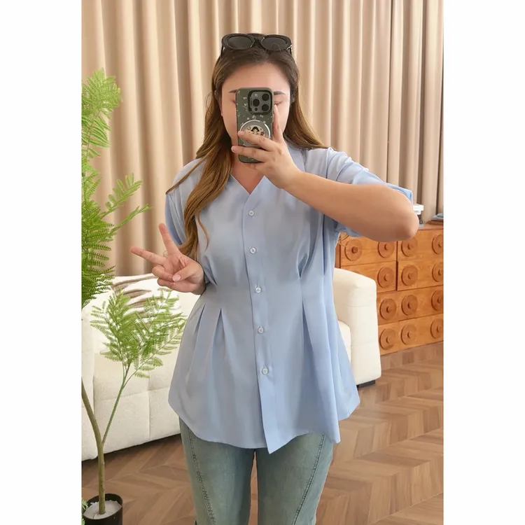 【现货+运费险】胖妹妹夏季大码显瘦收腰短袖衬衣翻领女装衬衫