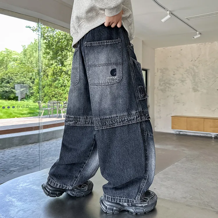 男童复古深蓝拼接牛仔裤春秋款2025新款儿童宽松百搭老爹裤中大童