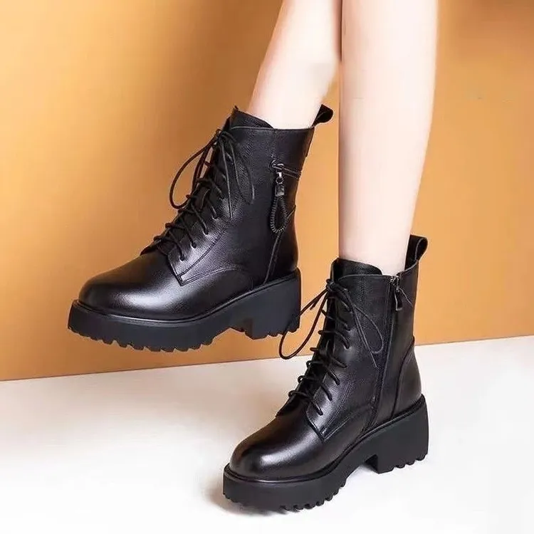 粗跟软皮马丁靴女款2025年新款冬季加绒厚底短靴女靴子中跟棉鞋