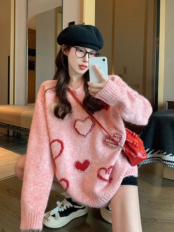 粉色爱心套头毛衣女2025新款冬季加厚宽松休闲设计感慵懒风针织衫