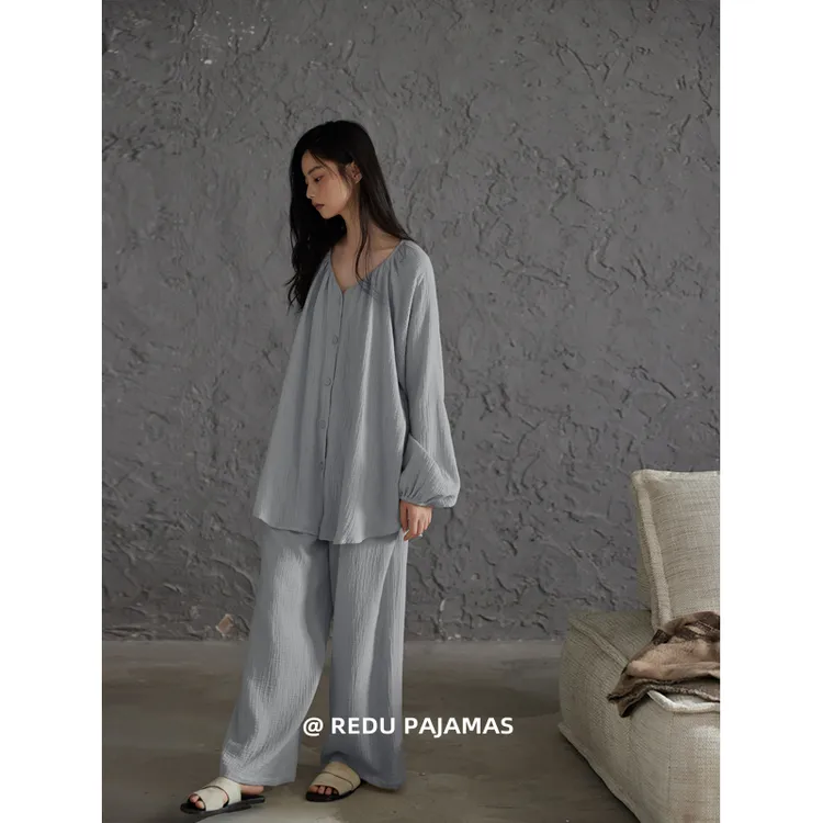 热妒睡衣女春秋纯棉纱布带胸垫可外穿高级纯色休闲家居服套装