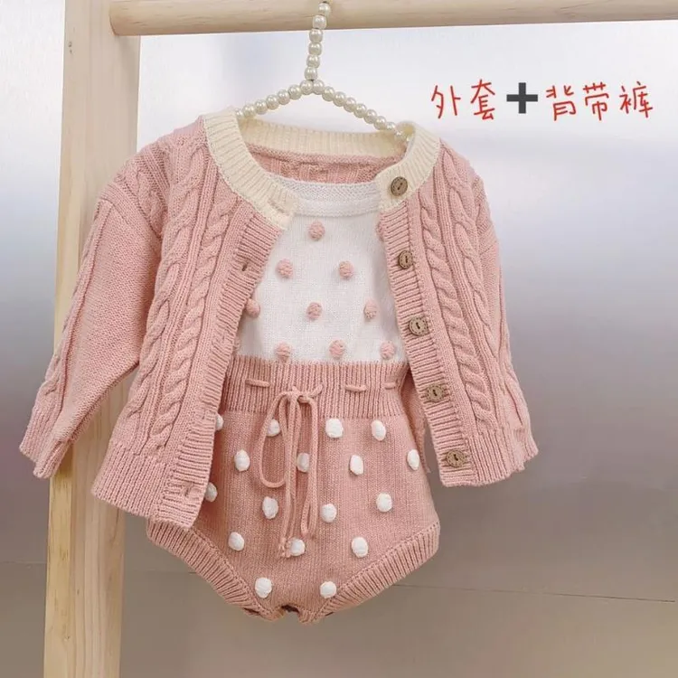 婴儿衣服秋冬装洋气女宝宝洋气针织外套毛衣手工编织春秋哈衣套装