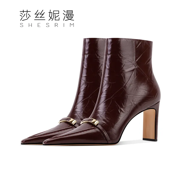 8.5CM小金条气质冬季尖头短靴女高跟尖头系列冬季皮里/绒里时尚