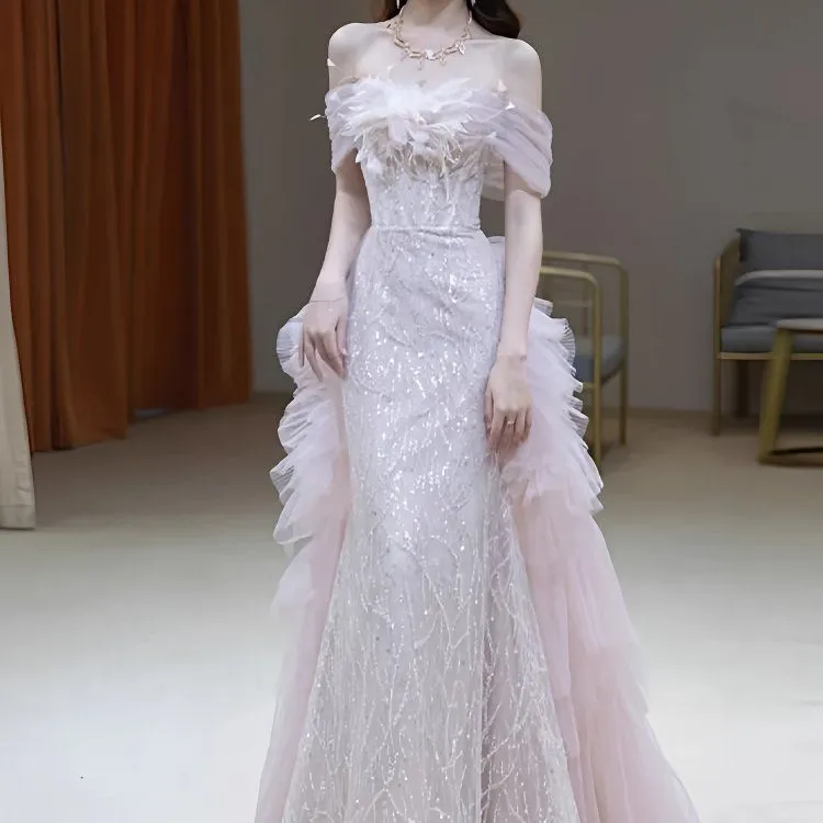 一字肩晚礼服裙年会主持人高端轻奢小众敬酒服新娘订婚公主高级感