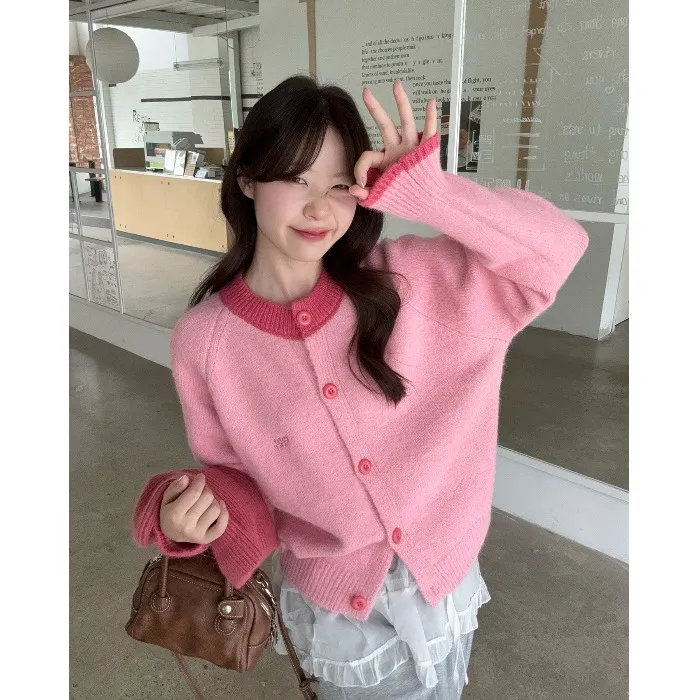 韩系甜美拼色毛衣外套女2025秋季新款软糯减龄宽松长袖针织上衣潮