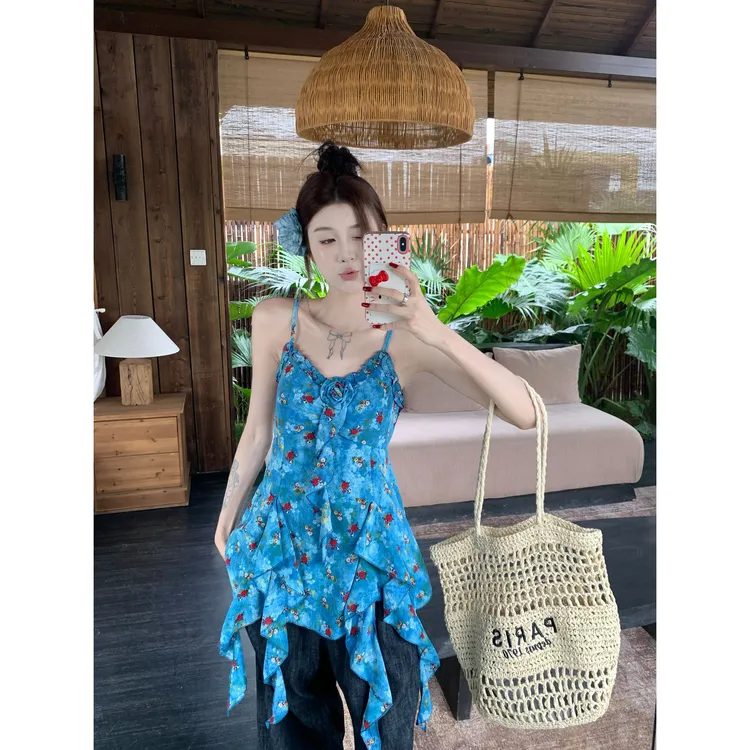 设计感不规则碎花荷叶边吊带背心女2025新款海边度假风无袖上衣潮