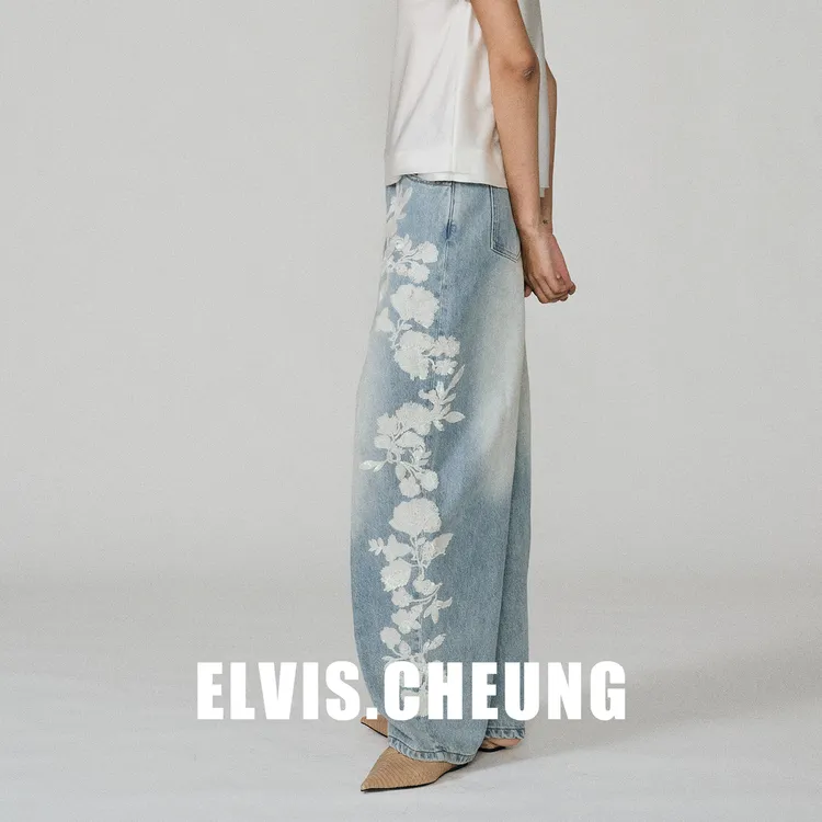 ELVIS.CHEUNG26SS流光珠片绣花造型宽松牛仔裤