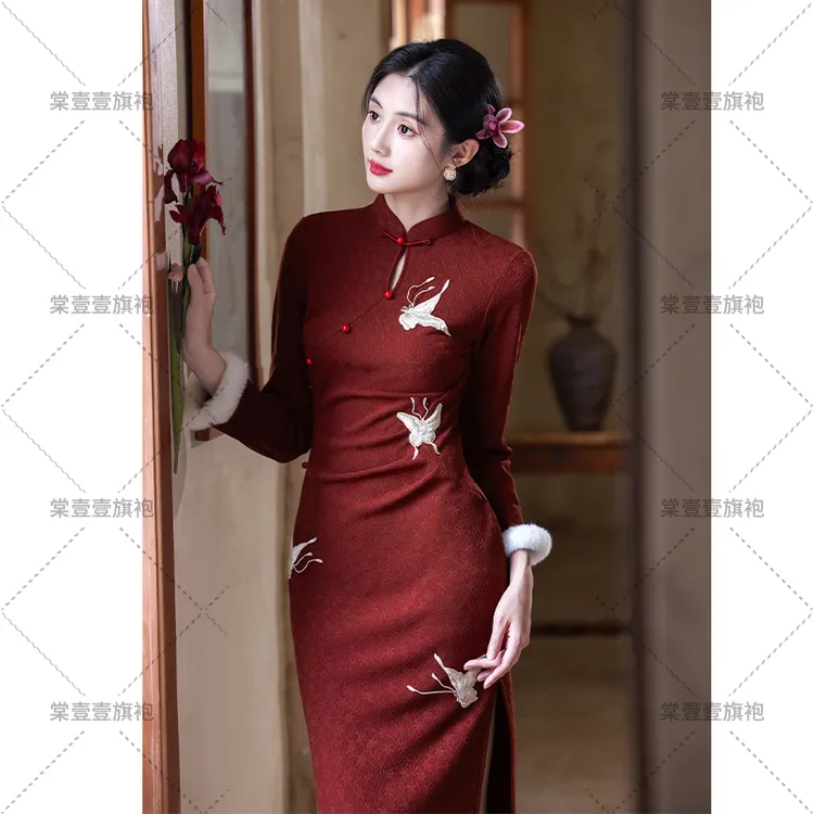 酒红色旗袍新中式冬季冬款加绒加厚长袖敬酒服订婚浪费改良连衣裙