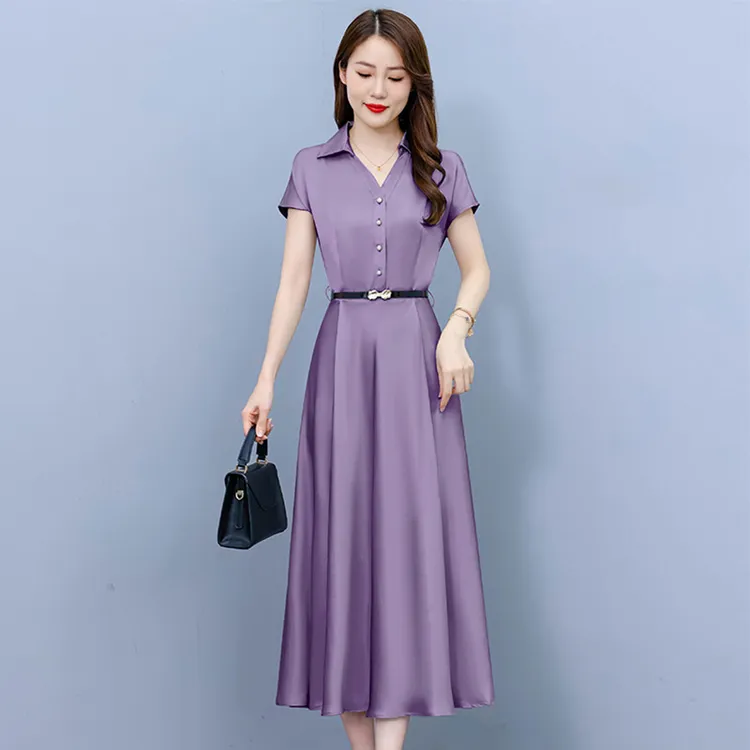 醋酸缎面短袖连衣裙气质显瘦2025夏季洋气遮肚纯色女装