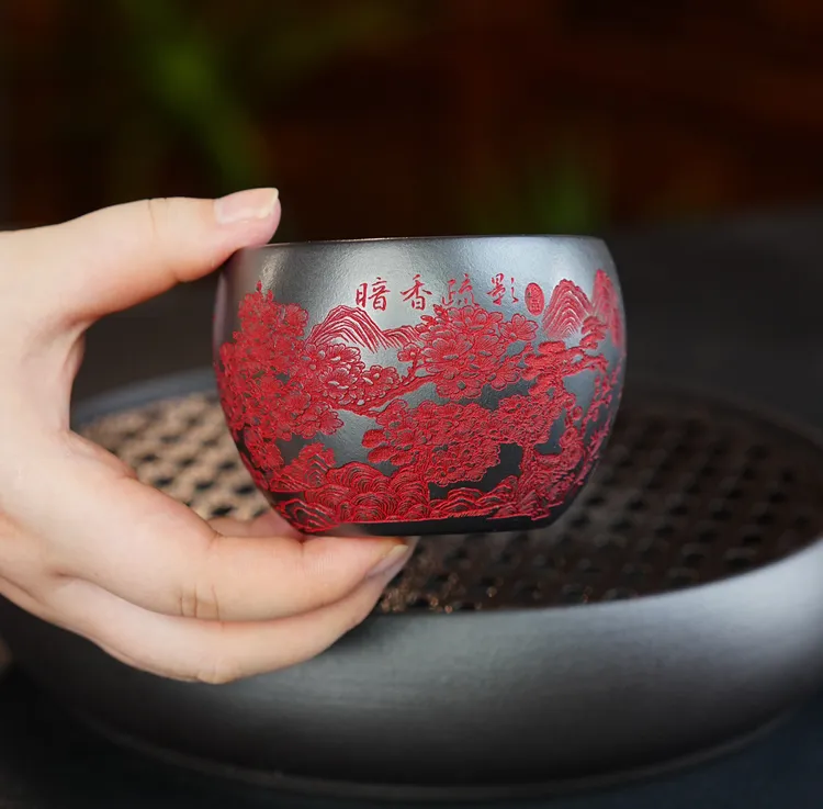 282原矿纯料石黄紫砂全手工刻绘梅花暗香疏影主人杯茶具紫砂茶杯