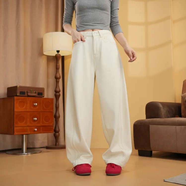 几何坐标-秋冬加绒弯刀裤25839显瘦百搭女士牛仔高腰宽松阔腿裤