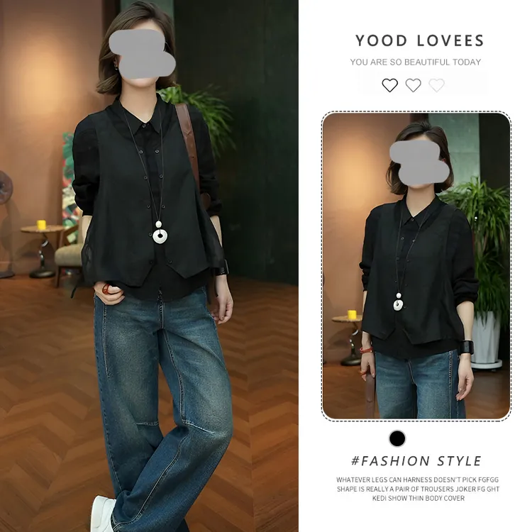 欧货时髦2025春秋新款女黑色长袖拼接时尚宽松春秋款百搭衬衫上衣