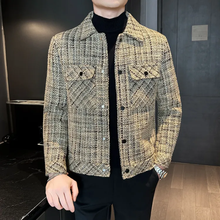 毛呢外套男款秋冬季新款网红洋气炸街高级感呢子格子短款加棉夹克