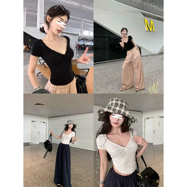 Moses Queen/魔西女王扭结性感V领短袖T恤修身气质一字肩短款上衣