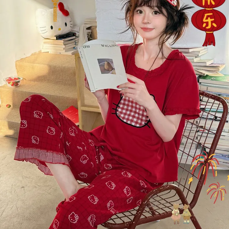 韩国KT猫棉质面料洋气睡衣可爱短袖红色阔腿裤可外家居服套装显瘦