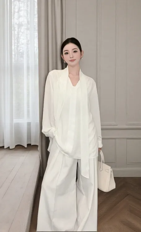 YIYI STUDIO白色v领飘带衬衫女装夏季秋薄款设计感小众中长款上衣