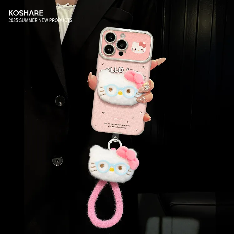 毛绒KT公仔适用苹果17华为vivo/oppo小米iPhone16视窗贴皮手机壳