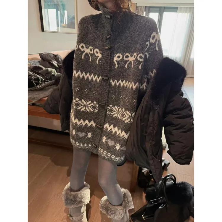 SP 牛角扣费尔岛毛衣开衫女冬季宽松慵懒软糯高领针织外套