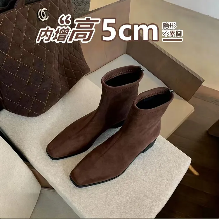2025新款内增高时尚方头短靴女百搭瘦瘦靴秋冬复古绒面弹力靴