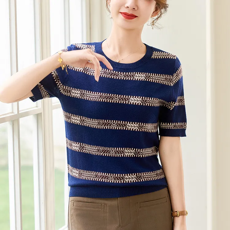 气质时尚小衫2025新款爆款洋气妈妈夏装上衣宽松显瘦短袖t恤条纹