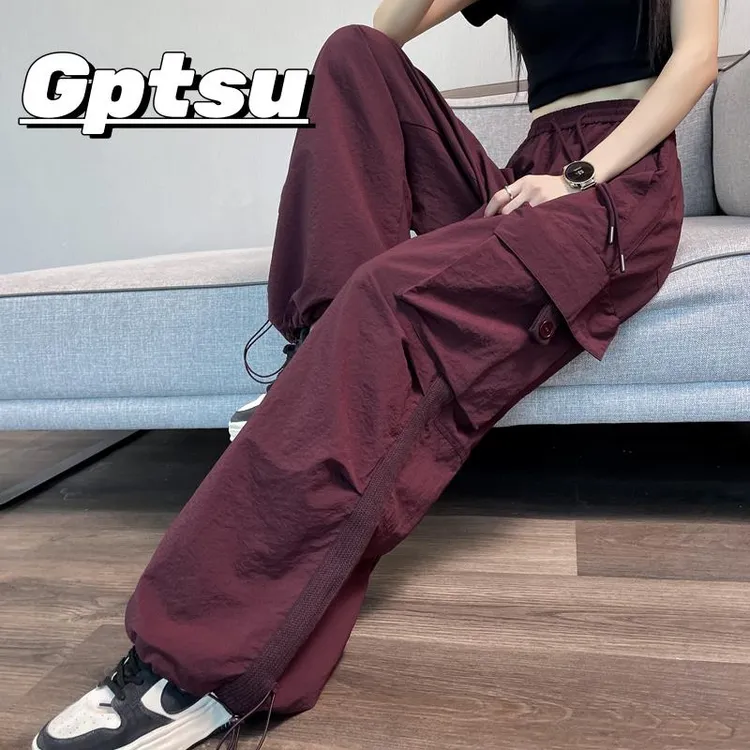 GPTSu冰丝速干工装裤女薄款松紧高腰显瘦休闲宽松束脚运动阔腿裤