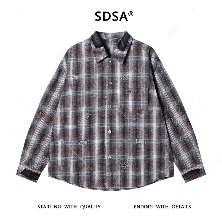 SDSA男士秋冬新款痞帅男装韩版磨破格子翻领长袖衬衫百搭宽松衬衣