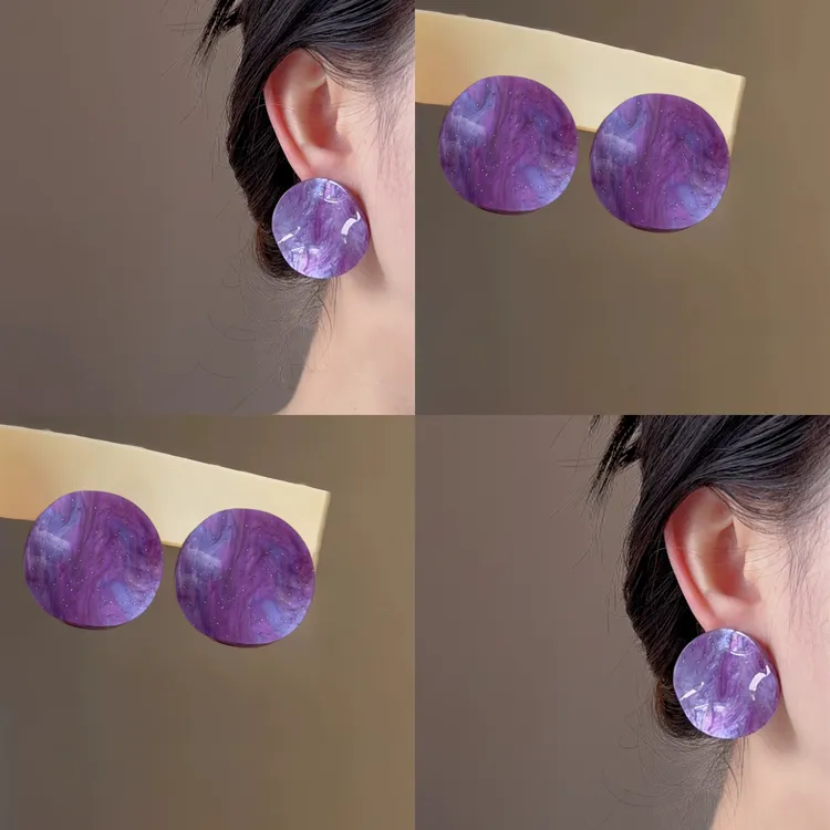 设计感扭片圆形耳钉女时尚小众高级感度假风百搭紫色琥珀色耳饰潮