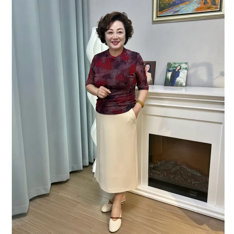 红叶中袖领常规蕾丝印花T恤显瘦镂空网红圆领