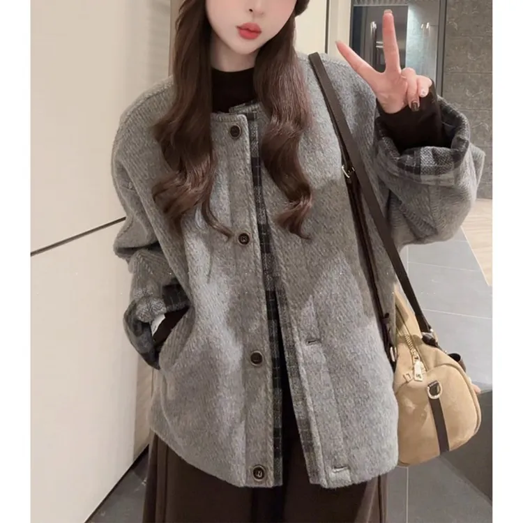 设计感拼接格子棉服女秋冬新款慵懒风宽松单排扣夹棉加厚保暖外套