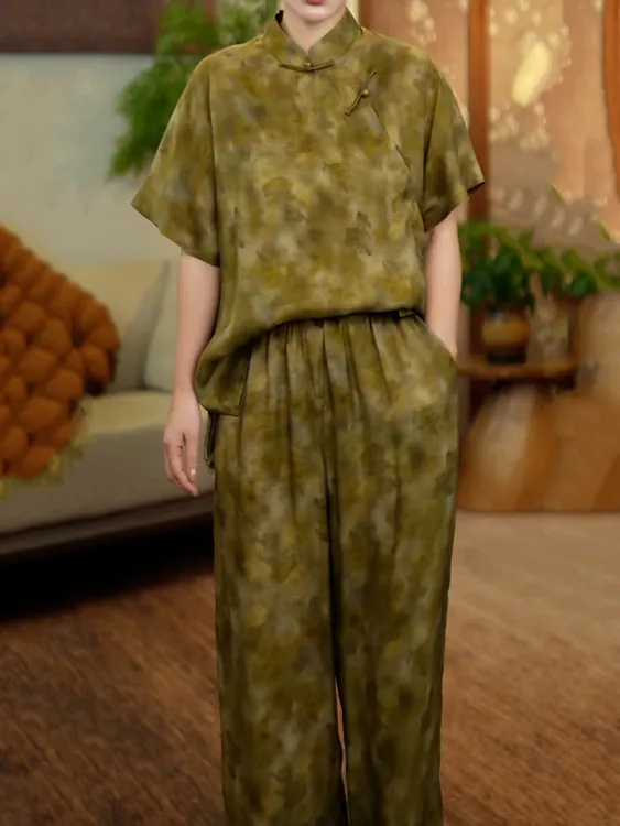 高级感贵夫人文艺风裤套装女2025夏季新款盘扣立领百搭衬衫+裤子