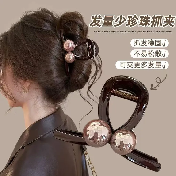复古咖色珠珠新款后脑勺盘发大号鲨鱼夹网红优雅百搭简约大抓夹