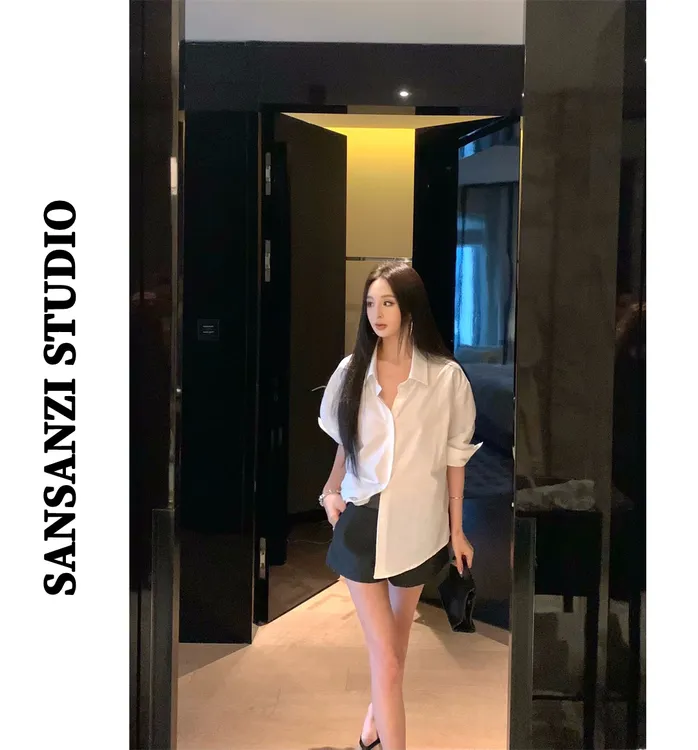 SANSANZI白色休闲POLO领中袖衬衫女装夏季百搭宽松显瘦单排扣上衣