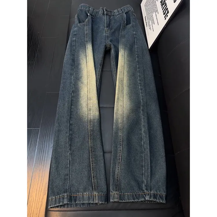 美式复古斜切弯刀牛仔裤加绒加厚高级感工装裤子宽松直筒阔腿裤