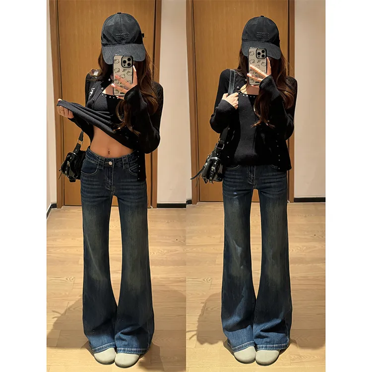 早秋修身弹力不贴腿刺绣微喇牛仔裤女2025新款中低腰显瘦百搭长裤