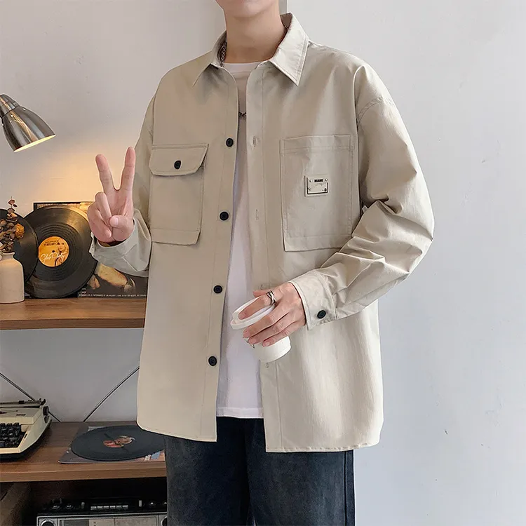 翻领工装衬衫外套男春秋款大码宽松潮牌休闲上衣纯色开衫翻领夹克