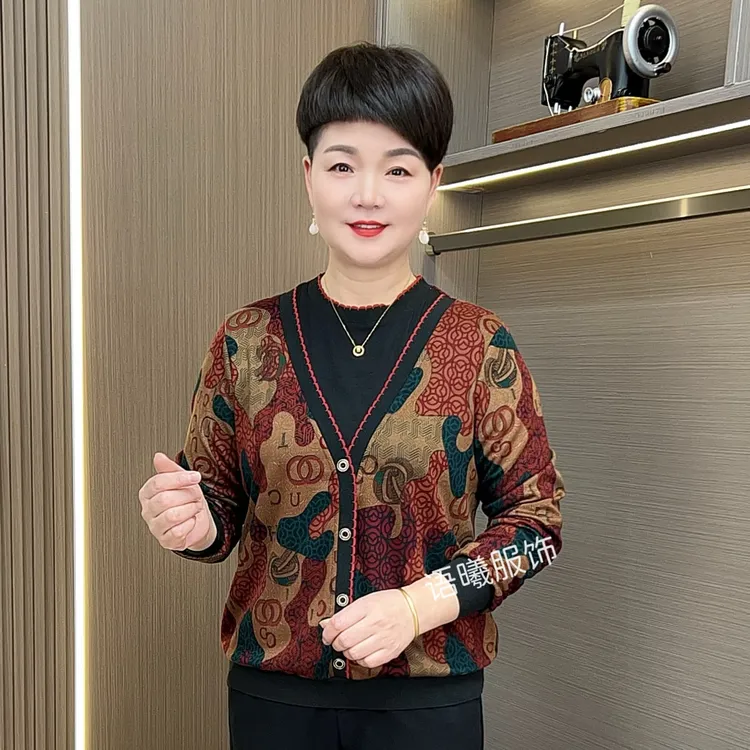 秋季常规款圆领长袖假两件小衫时尚花色印花百搭妈妈装F8807-2