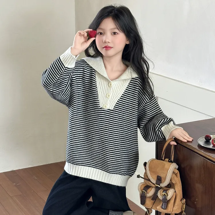 女童毛衣2025新款韩版时尚条纹中大童儿童秋冬款翻领百搭上衣深秋