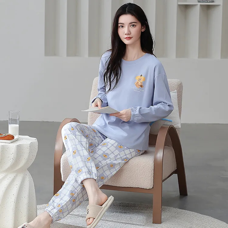 新款100%纯棉加厚秋冬保暖长袖睡衣女可外穿百搭简约风纯棉家居服