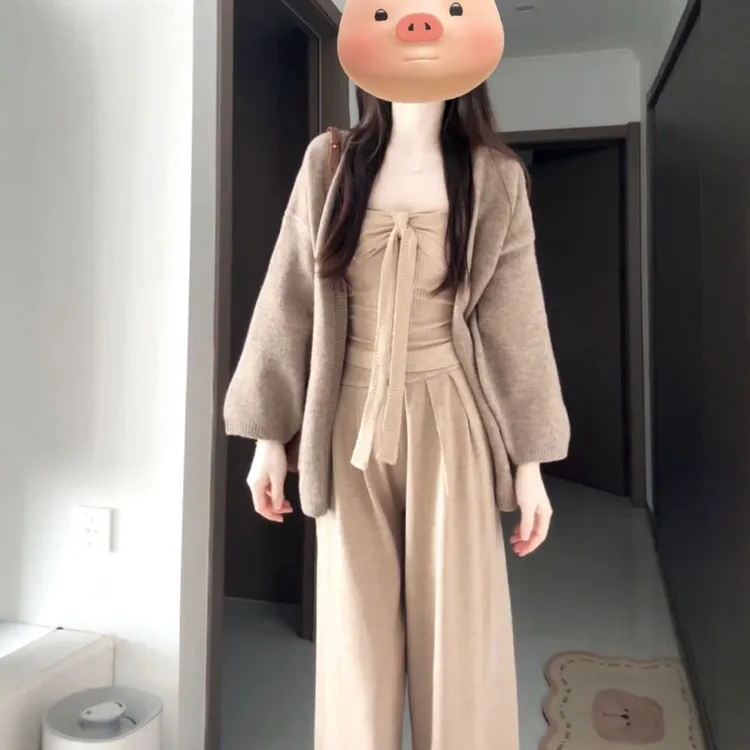 松弛感穿搭一整套慵懒风休闲针织开衫抹胸上衣阔腿裤三件套装25秋